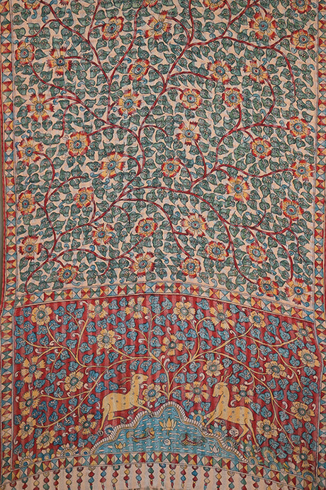 Hand Woven Self Tussar Check  Hand- Painted Kalamkari Sari in Nature Dye
