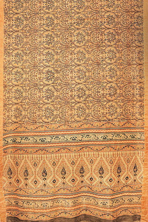 Hand Woven Cotton x Silk With  Pure Jari Border Block Printed With Natural Dye Saree