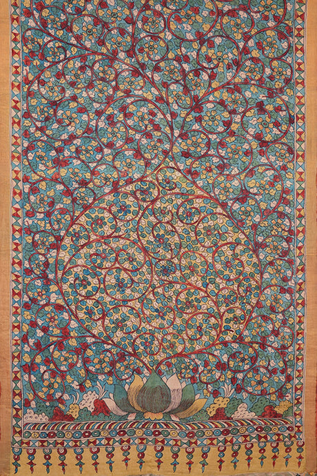 Hand woven mulberry silk with  pure jari border saree handpainted kalamkari with natural dye