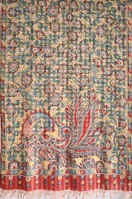 Natural Dye Hand-Painted Kalamkari Tussar Dupatta