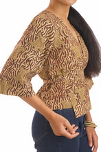 Load image into Gallery viewer, Creative Bee 'SANDTIDE' Wrap top with natural dye, hand block printed with Tortoise design.
