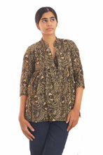 Load image into Gallery viewer, Creative Bee 'AVALON' Gathered jacket in natural dye, block printed on cotton fabric.