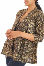 Load image into Gallery viewer, Creative Bee 'AVALON' Gathered jacket in natural dye, block printed on cotton fabric.