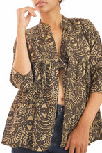 Load image into Gallery viewer, Creative Bee 'AVALON' Gathered jacket in natural dye, block printed on cotton fabric.