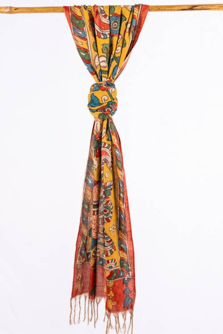 Natural Dye, Hand-Painted Kalamkari Silk x Cotton Stole