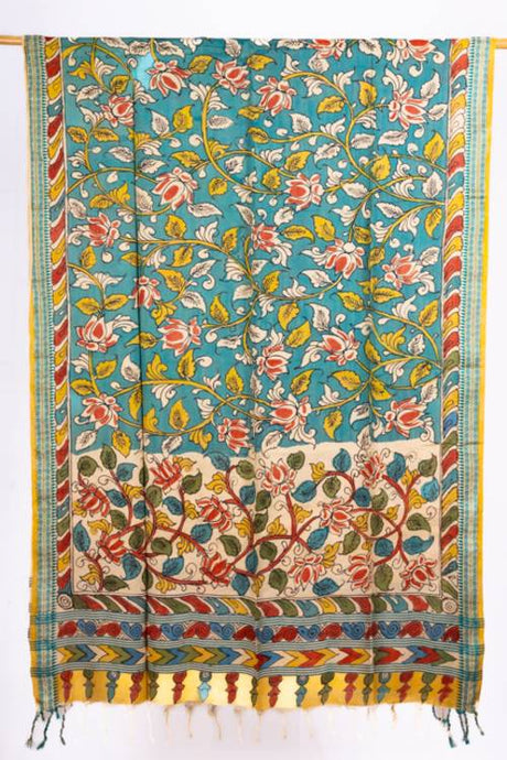 Natural Dye, Hand Painted Kalamkar Tussar Dupatta.