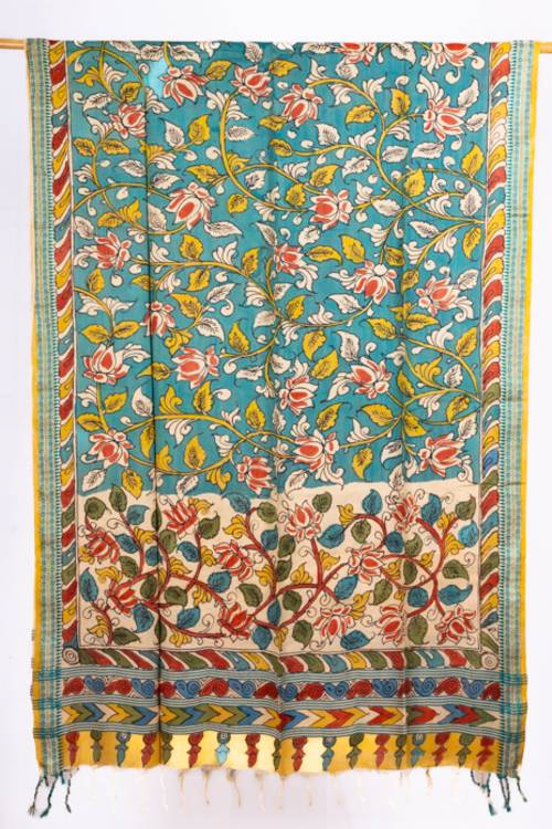 Natural Dye, Hand Painted Kalamkar Tussar Dupatta.