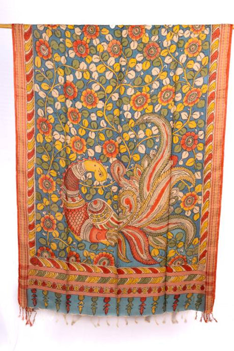 Natural Dye, Hand-Painted Kalamkari Tussar Dupatta