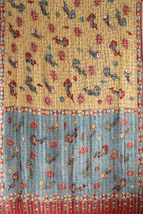 Natural Dye Hand-Painted Kalamkari Silk Sari