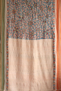 Natural Dye Hand-Painted  Desi Tussar Silk Kalamkari  Sari