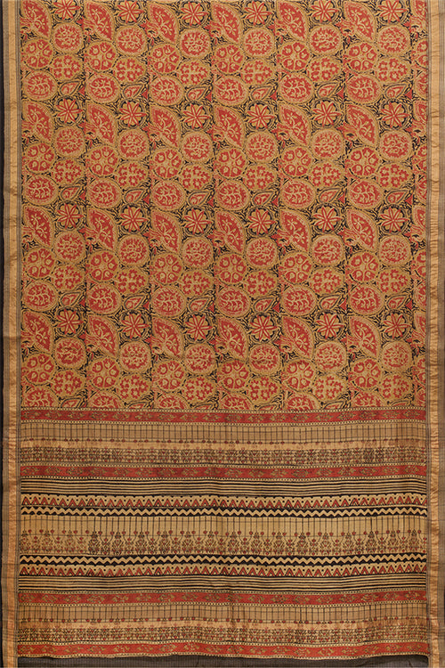 Hand Woven Natural Dye Block Printed Tussar x Cotton Saree
