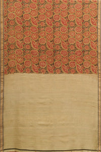 Hand Woven Natural Dye Block Printed Tussar x Cotton Saree