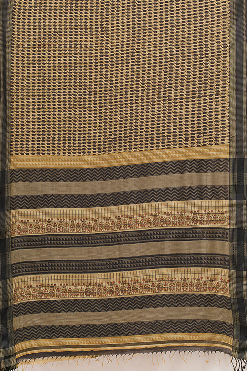 Hand Woven Natural Dye Block Printed Cotton x Silk Maheswari border Saree.