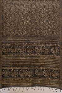 Hand Woven Natural Dye Gold Block Printed Silk Signature Weave Saree.