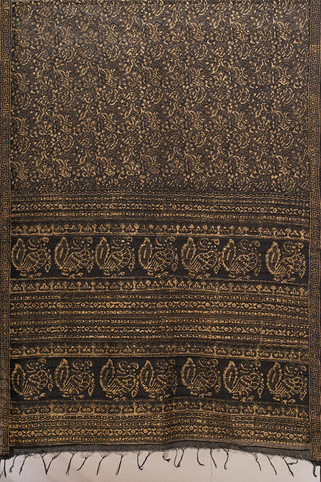 Hand Woven Natural Dye Gold Block Printed Silk Signature Weave Saree.