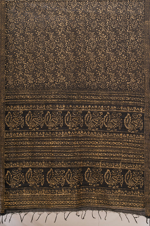 Hand Woven Natural Dye Gold Block Printed Silk Signature Weave Saree.