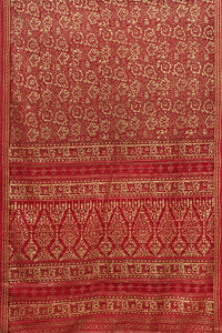 Hand Woven Natural Dye Gold Block Printed Silk Signature weave Saree.
