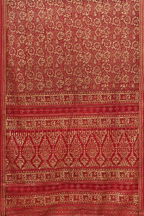 Hand Woven Natural Dye Gold Block Printed Silk Signature weave Saree.