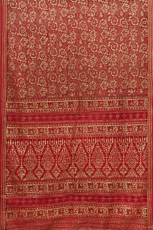 Hand Woven Natural Dye Gold Block Printed Silk Signature weave Saree.