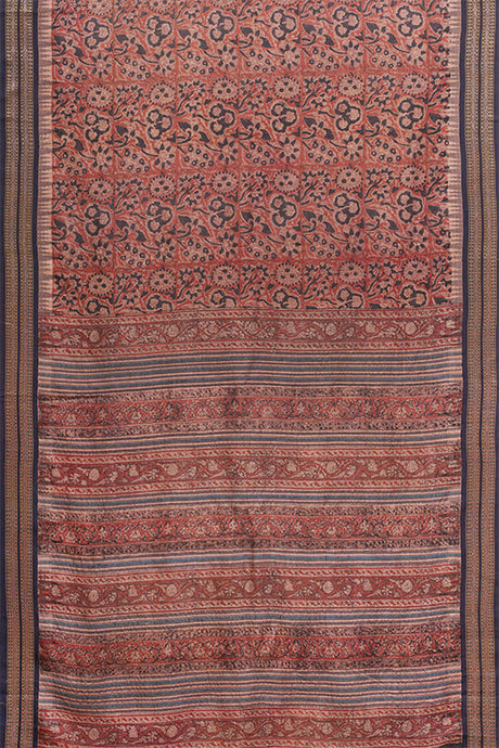Hand Woven Natural Dye Block Printed Tussar Saree.