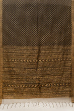 Load image into Gallery viewer, Hand Woven Natural Dye Gold Block Printed Silk Signature Weave Saree.