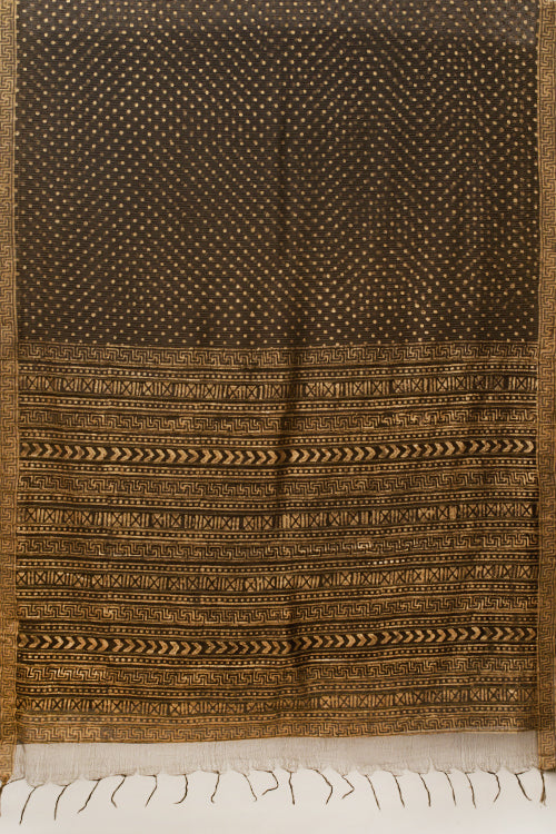 Hand Woven Natural Dye Gold Block Printed Silk Signature Weave Saree.