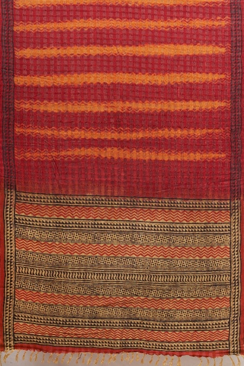 Hand Woven Natural Dye Three Silk Block Print With Shibori Saree
