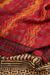 Hand Woven Natural Dye Three Silk Block Print With Shibori Saree