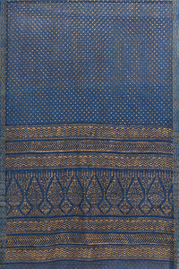 Hand Woven Natural Dye Gold Block Printed Silk Signature Weave Saree.