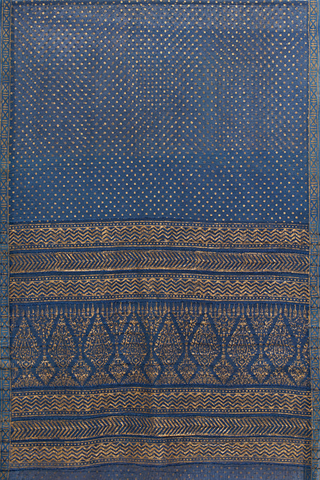 Hand Woven Natural Dye Gold Block Printed Silk Signature Weave Saree.