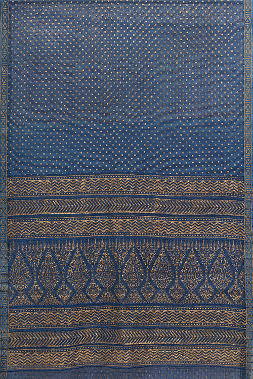 Hand Woven Natural Dye Gold Block Printed Silk Signature Weave Saree.