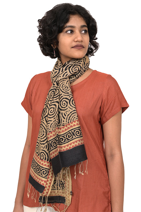 Grey - Handloom Block Art Print Natural Dyed Linen Bindaas Stole