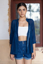 Load image into Gallery viewer, Natural Dyed Indigo &#39;PEACE&#39; Cotton x Silk Gathered Jacket