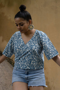 Natural Dyed Hand Block Printed Bird Design Wrap Top