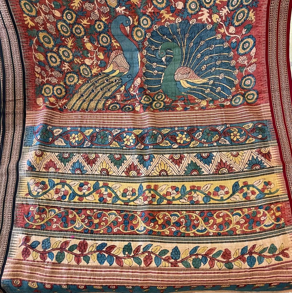 Natural Dye Hand-Painted Kalamkari Silk Sari