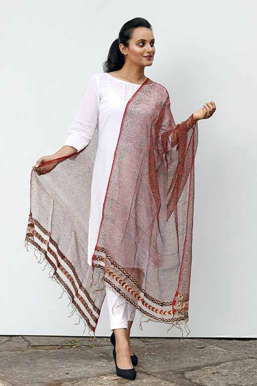 Natural Dye Block Print Filature Silk Dupatta - Creative Bee
