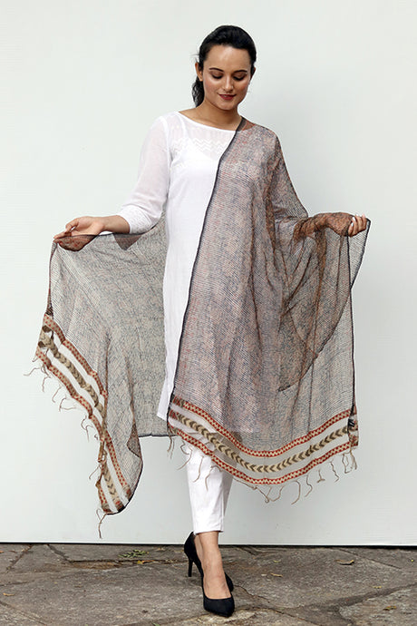 Natural Dye Block Print Filature Silk Dupatta - Creative Bee