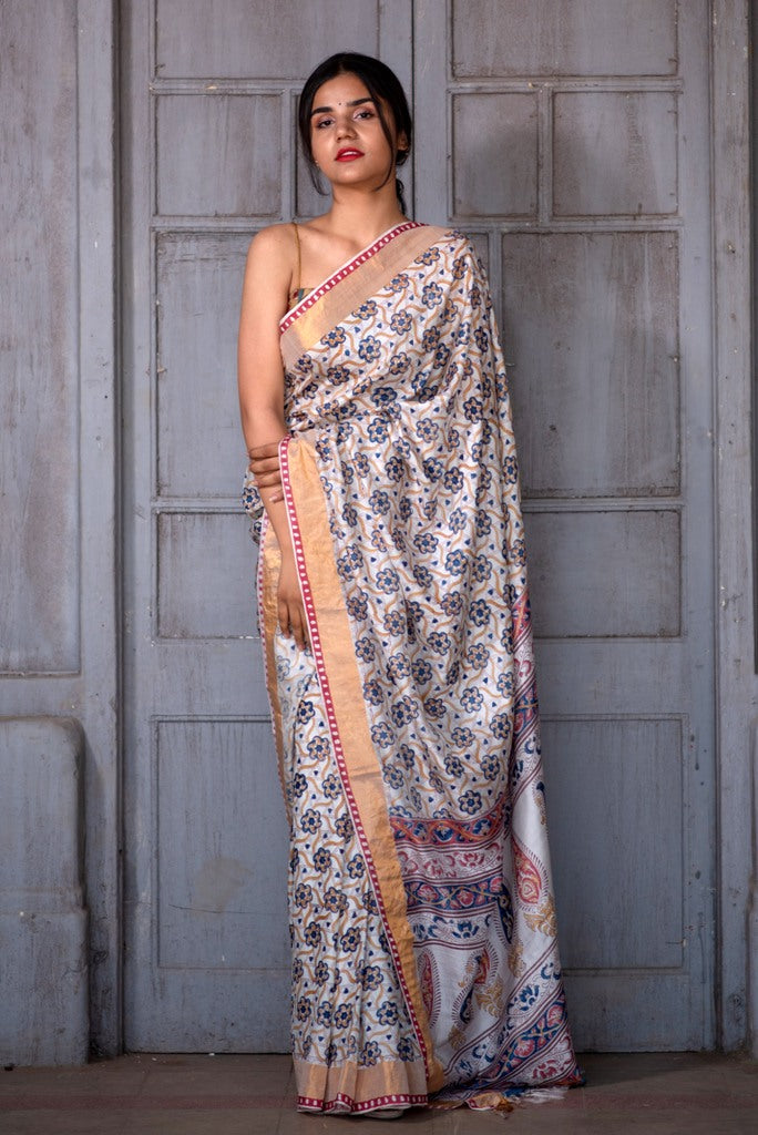 Natural Dye Block Print Silk Sari - Creative Bee