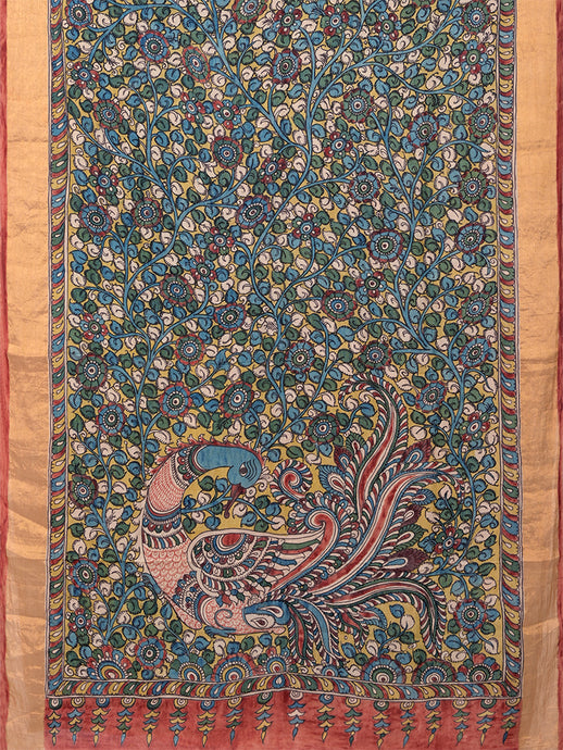Natural Dye Hand-Painted Kalamkari Silk Sari