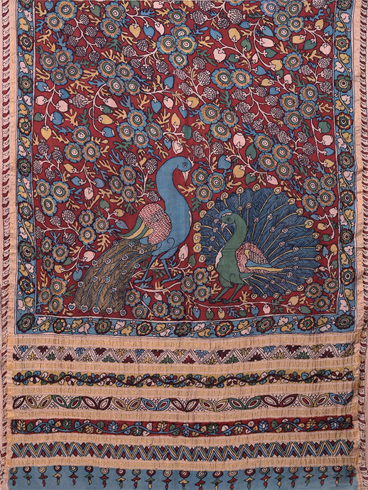 Natural Dye Hand-Painted Kalamkari Tussar x Cotton Sari