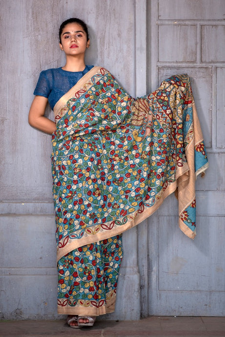 Natural Dye Hand-Painted Kalamkari Cotton Sari - Creative Bee