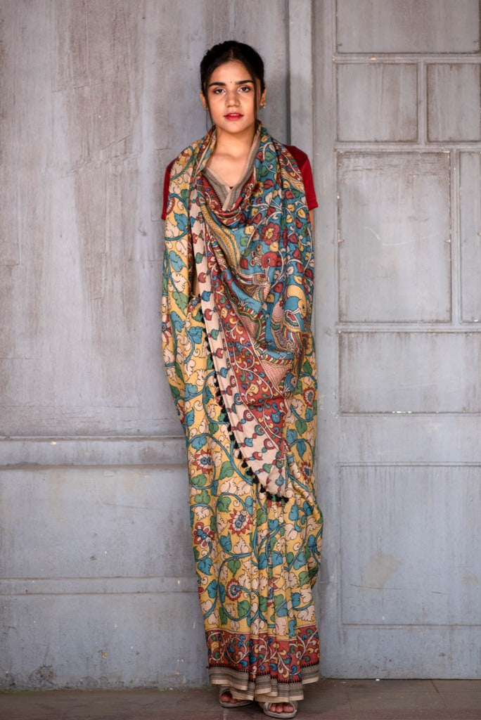 Natural Dye Hand-Painted Kalamkari Silk Sari - Creative Bee