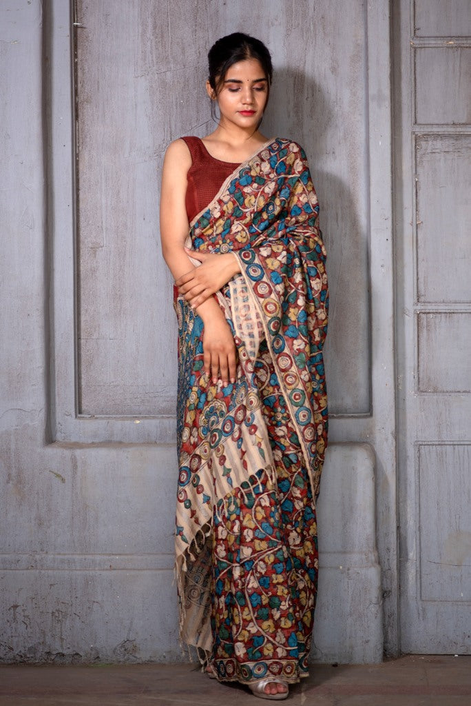 Natural Dye Hand-Painted Kalamkari Silk Sari - Creative Bee