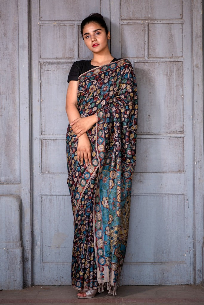 Natural Dye Hand-Painted Kalamkari Silk Sari - Creative Bee